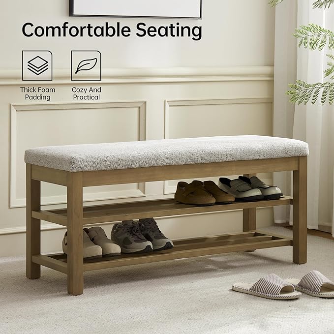 VKNOW Entryway Bench, 44.3” Upholstered Shoe Bench for Bedroom, 2-Tier Storage End of Bed Bench with Rubberwood Legs for Living Room, Hallway, Beige
