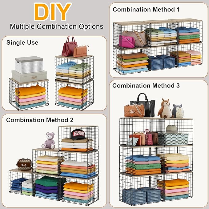 6 Pack Closet Organizers And Storage, Stackable Closet Shelf Organizer Storage Bin Basket For Clothes Sweaters With Top Board, Widened Opening, Heightened Height, Large Capacity, Sturdy, Space-saver