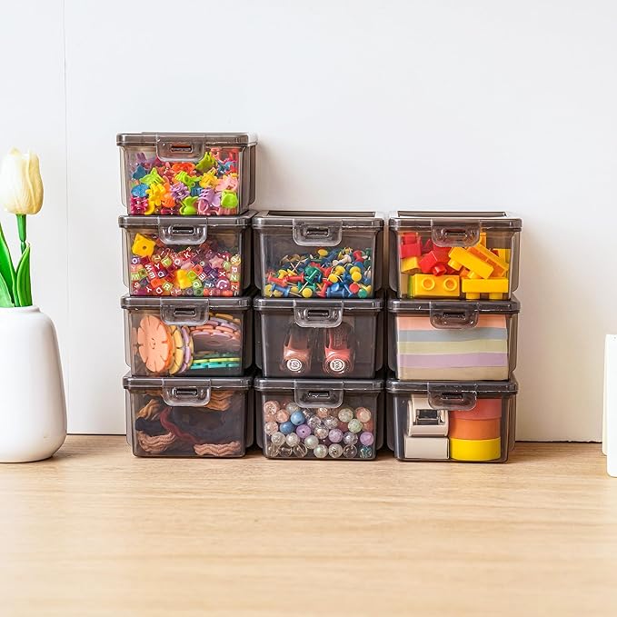 10-Pack Small Plastic Containers with Lids, Clear Stackable Storage Boxes & Bins Organizer for Bead Organizer, Craft Storage, Stickers, Jewelry & Small Items – Black Square Small