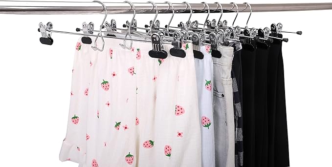 6 Quality Pants Hangers Heavy Duty Add-on Skirt/Slack Metal Hanger, Extra Wide Adjustable Clips, Multi Stackable Add on Hangers, Chrome, Jeans, Bottoms, Set of 6