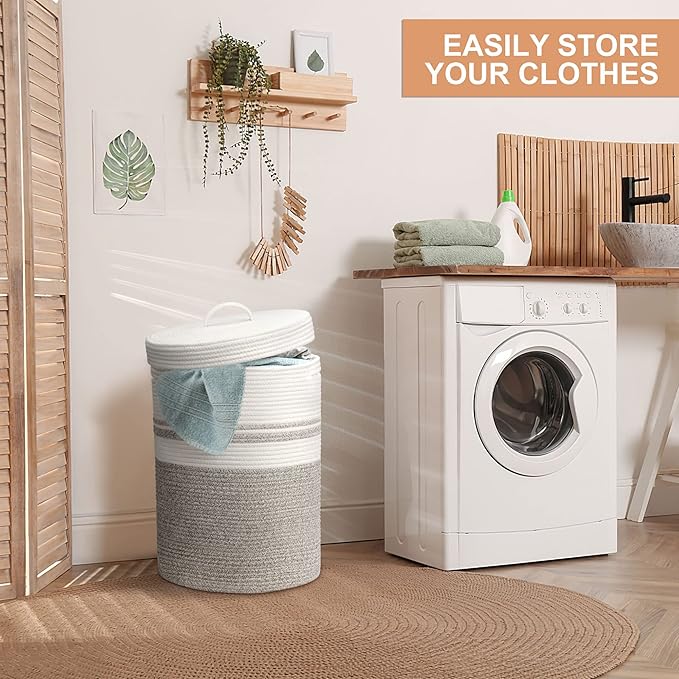 Laundry Hamper with Lid, Large Woven Laundry Basket，Blanket and Toy Storage Basket for Living Room, Bedroom, Bathroom, Nursery（Brown and White，55L）