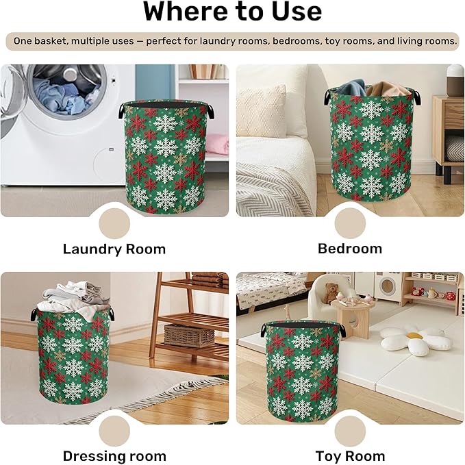 Winter Snowflakes Christmas Large Clothes Hamper Bag - Laundry Basket with Handles, Space Saving Foldable Design for Nursery