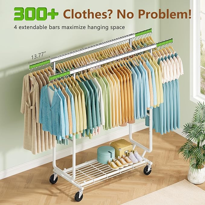 Hoctieon 2-Minute Assembly Double Rod Clothes Rack, Heavy Duty Rolling Clothing Racks with Wheels, Foldable Commercial Garment Rack, Extendable Hanging Bar, Adjustable Metal Pole with Hooks, White