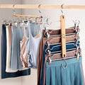2 Pack Skirt Hangers with Clips, Space Saving Beechwood 5 Tier Pants Hangers with 360° Swivel Hook, Closet Organizer for Skirts, Pants, Tank Top-College Dorm Room Essentials (Wood Color)