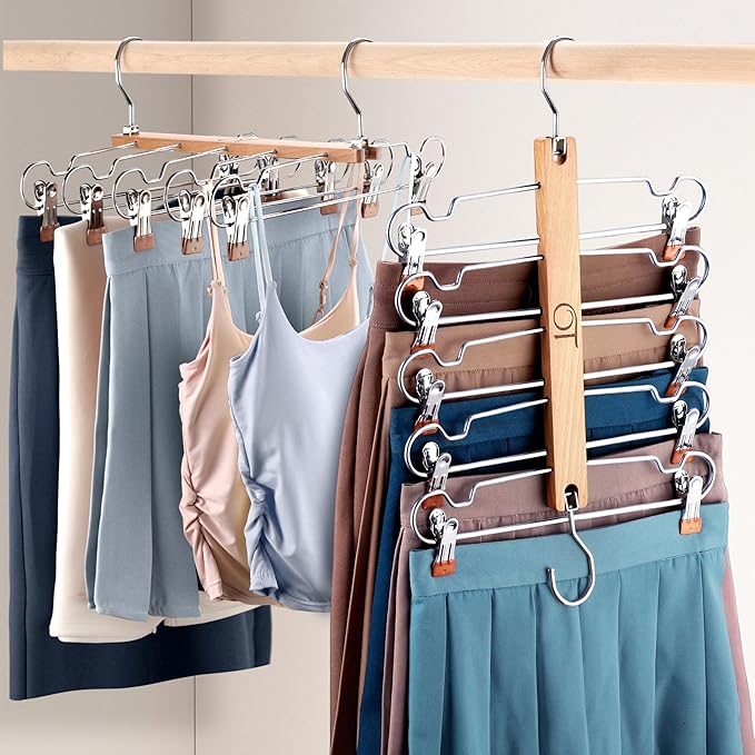 2 Pack Skirt Hangers with Clips, Space Saving Beechwood 5 Tier Pants Hangers with 360° Swivel Hook, Closet Organizer for Skirts, Pants, Tank Top-College Dorm Room Essentials (Wood Color)