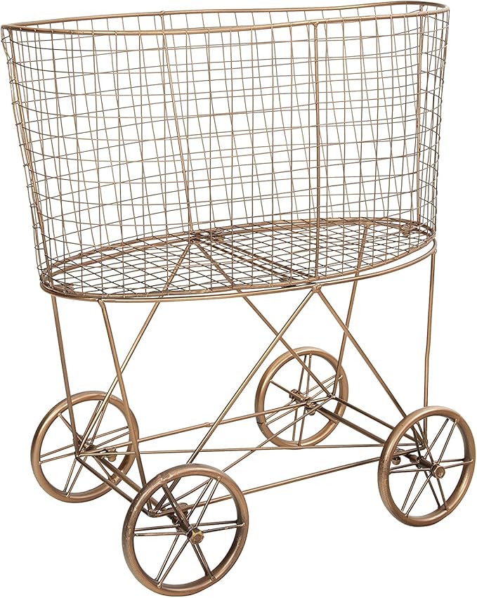 Creative Co-Op Vintage Reproduction Decorative Metal Laundry Basket on Wheels, Copper