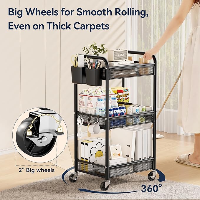 YASONIC 3 Tier Rolling Cart – Metal Utility Storage Carts with Wheels, Craft Cart Organizer with Hanging Cups, Hooks, Mesh Basket for Bedside Kitchen Office Art, Black