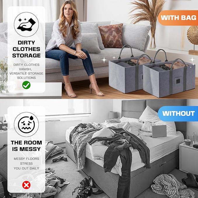 Large Laundry Tote 55L, 2 Pack Fabric Laundry Baskets with Handles, Woolen Clothes Hampers for Dorm, Laundry, Grocery, Traveling, Camping, Shopping, Versatile Storage Solutions (Light Grey)