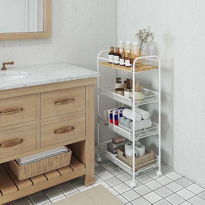 Sekey 4 Tier Rolling Cart Metal, Slim Storage Cart for Kitchen, Mobile Utility Cart with Wooden Top, Narrow Organizers and Storage with Universal Wheels, for Small Space, Bathroom, Laundry Room, White
