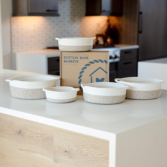 NaturalCozy 5-Piece Round Small Woven Baskets Set– Cotton Rope Baskets for Organizing! Montessori Toys, Fruits Remotes Key Tray Bowl for Entryway Desk, Shallow Catchall Home Décor, Cat Dog Bin Gift