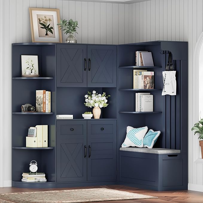 66" H Hall Tree with 4 Hooks, Open Shelving and Flip Hidden Shelf, Multifunctional Left-Right Combination Coat Rack (can be Used Separately), Entryway Bench for Living Room, Hallway (Antique Blue/35)