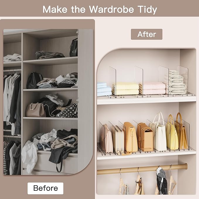 Criusia Adjustable Closet Purse Organizer Rack – 28.8" Extra-Long Shelf Divider with 6 Base Panels & 8 Dividers – Non-Slip Handbag Holder for Bags, Clothes, Kitchen, Office (Pack of 2)