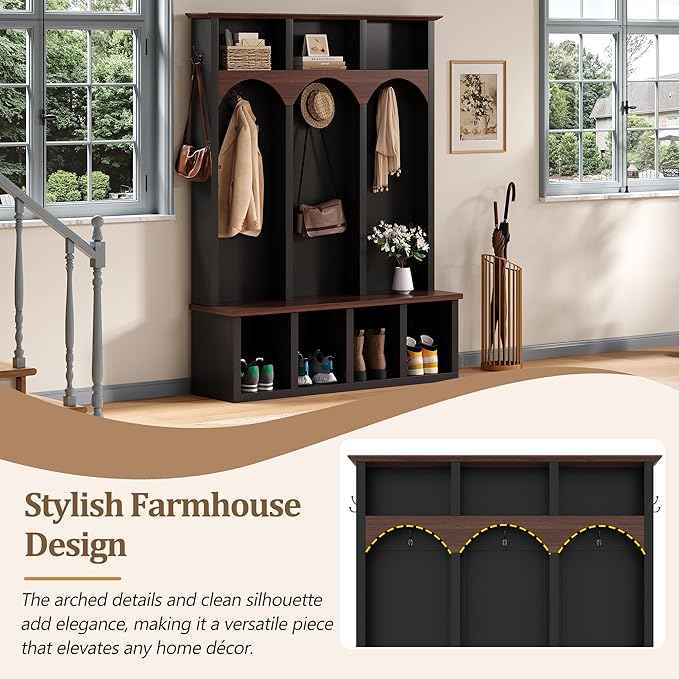 Farmhouse 59" Wide Hall Tree with 5 Black Hooks and Arched Design, Wood Grain Bench with Open Compartments, 4-in-1 Hallway Shoe Cabinet for Mudroom, Living Room (Black-9.9)