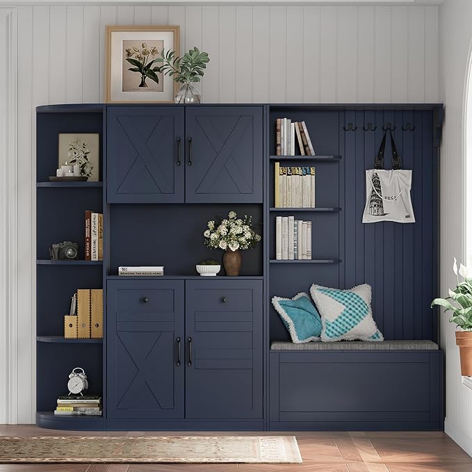 66" H Hall Tree with 4 Hooks, Open Shelving and Flip Hidden Shelf, Multifunctional Left-Right Combination Coat Rack (can be Used Separately), Entryway Bench for Living Room, Hallway (Antique Blue/35)
