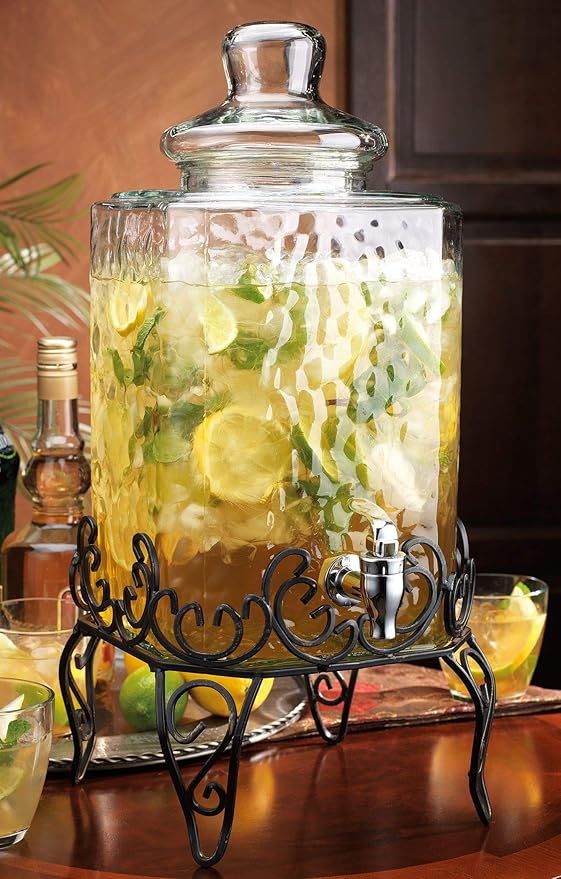 MosJos 2.5 Gallon Classic Hammered Glass Beverage Dispenser with Elegant Stand - Glass Drink Dispenser with 100% Leak Proof Spigot, Party Drink Dispensers for Lemonade, Punch, Water, Juice