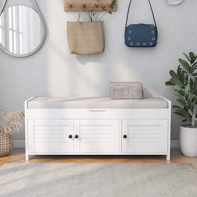 SOFTSEA Upholstered Storage Ottoman with Removable Cushion, Wooden Entryway Bench with 3 Shutter-Shaped Doors and Hidden Storage Space, Shoe Bech for Entreyway, Living Room, White with Beige Cushion