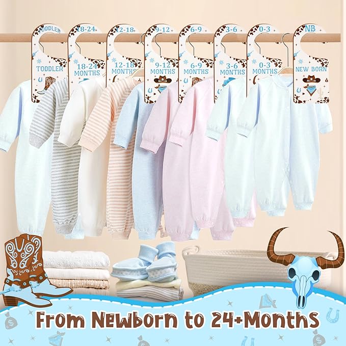Baby Closet Dividers 8PCS, Western Cowboy Theme Wooden Double-Sided Clothes Size Hanger Organizer from Newborn to Toddler for Nursery Decor Baby Shower Birthday Gift
