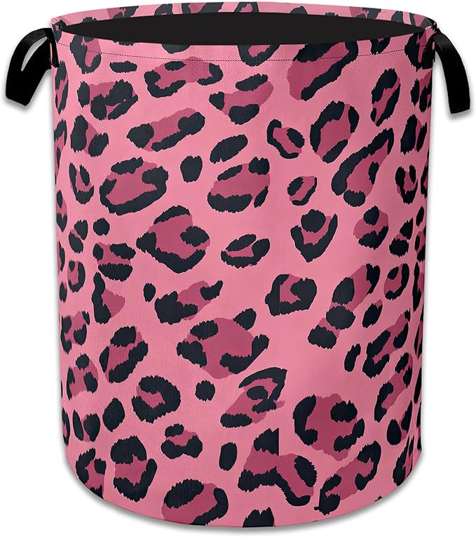 Pink Leopard Laundry Basket Collapsible Laundry Hamper Clothes Toy Storage Bin for Bathroom Bedroom Room Decor 16" X 20.8"