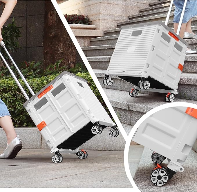 Foldable Utility Cart Folding Portable Rolling Crate with Magnetic Extended Lid,360°Rotate Wheels,176LBS Load Capacity,Heavy Duty Durable Dolly Cart for Teacher Tourist Shopping Office Outdoor(White)