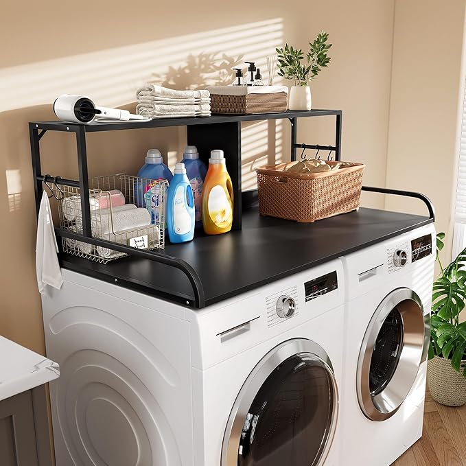 DWVO 2-Tier Washer Dryer Countertop with Shelf, 53" W x 27.6" D with 2.8" Edge Rails & 2 Hooks, Laundry Countertop for Organization, Washer and Dryer Topper, Black