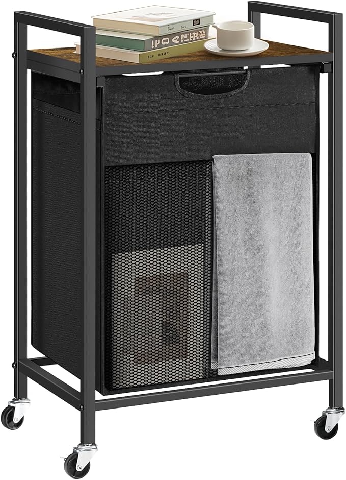 Laundry Hamper, Laundry Basket with 1 Pull-Out Removable Oxford Fabric Bag, 1 x 18.3 Gallons, Total 69L, Cloth Laundry Sorter with a Top Shelf 20"x13" (Black and Rust)