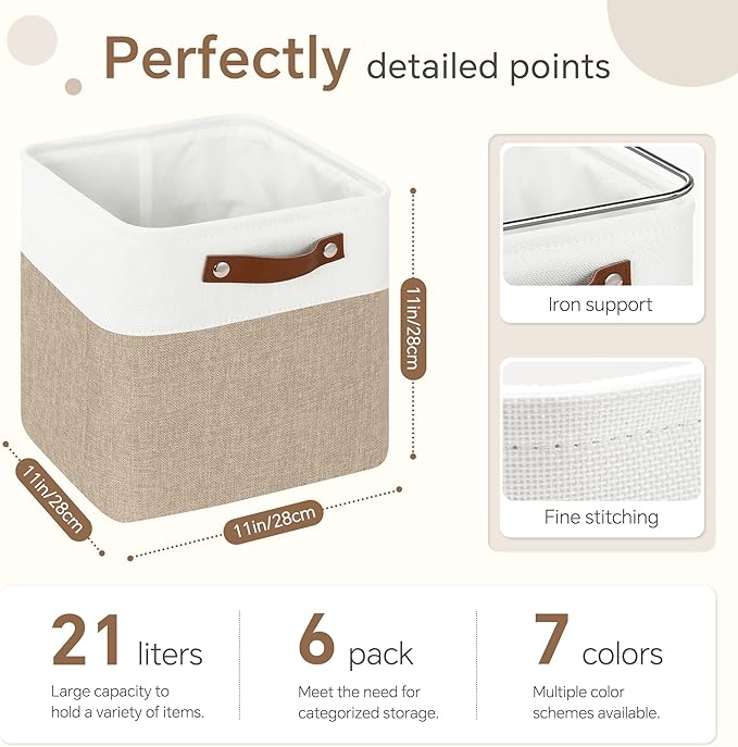 Cube Storage Baskets 6 Pack, 11x11 inch Cube Storage Bins with Leather Handles for Shelf Closet (White/ Khaki)