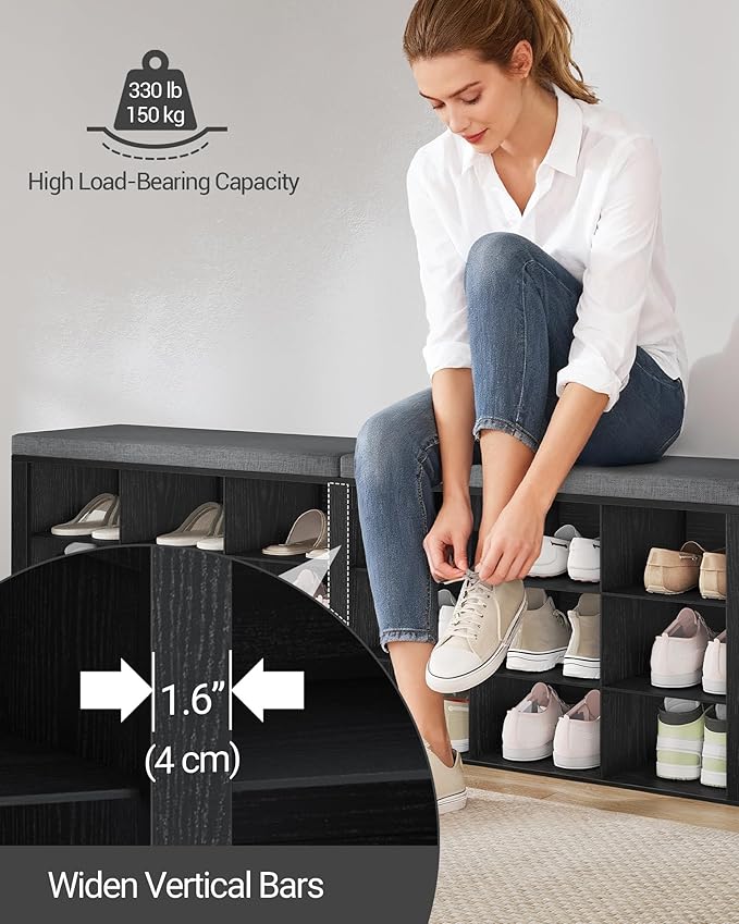 Shoe Storage Bench with Cushion, Entryway Storage Bench with 18 Cubbies, 9.5" Widened Organizer Cabinet, Long Cubby Rack for Living Room, Bedroom, Entryway, Black SB25704GY