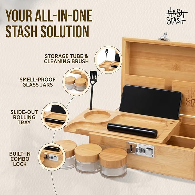 The OG Storage Box - Large Bamboo Box with Combination Lock, Magnetic Lid, Organizer Tray, Airtight Tube and 3 Smell-Proof Jars - Discreet Decorative Locking Wooden Box with Accessories (Wood/Silver)