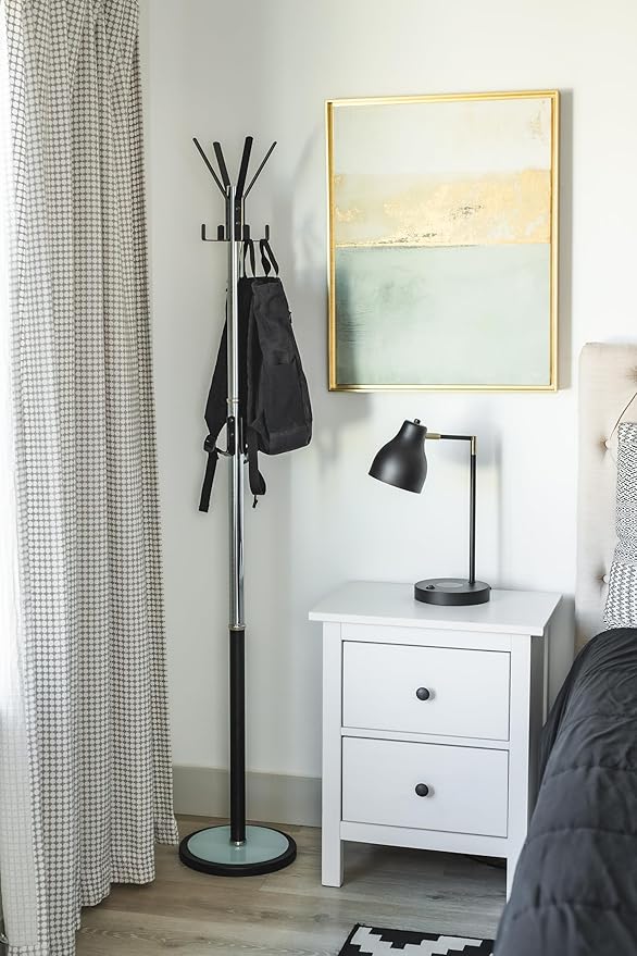Coat Rack with Brushed Steel Finish – Space-Saving Entryway Organizer Perfect for Coats, Bags, Purses and Hats. Stand with12 Black Hooks and Tempered Glass Base, Perfect for Home & Office 69'' Tall