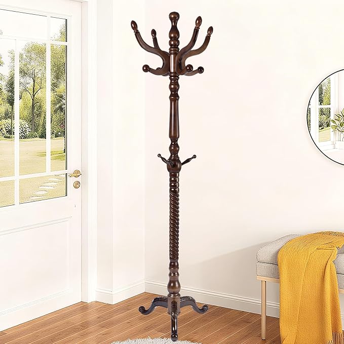 Freestanding Coat Rack with 11 Hooks, Sturdy Wooden Hall Tree for Entryway, Heavy-Duty Tri-Legged Base Hall Tree for Bags, Purses, Hats,Easy Assembly for Corner, Bedroom (T42 Triangle Brown)