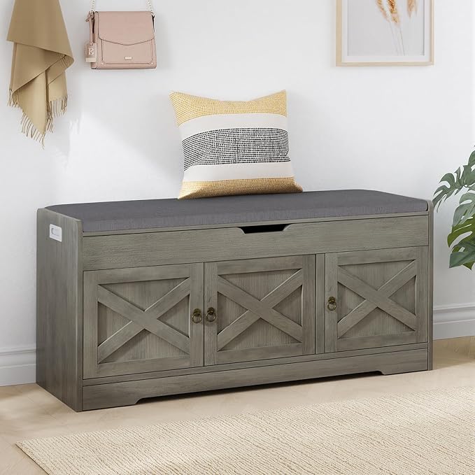 Farmhouse Shoe Storage Bench, Entryway Bench with Cushion Seat, Lift Top Storage, Adjustable Shelf, 3 Doors, 330 lbs Capacity, Storage Bench for Entryway, Bedroom, Living Room (Grey)