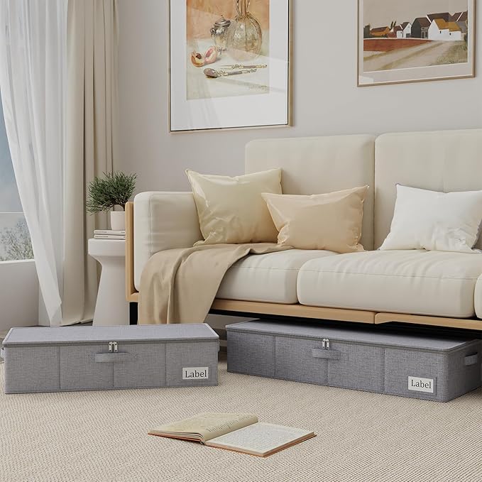 Yawinhe Foldable Underbed Storage Bags, Containers Bin with Lids, Large Under Bed Organizer Box, with Sturdy Zipper und Label Holders, for Clothing, 31.5''Lx15.7''Wx6''H, 2 Pack, Grey