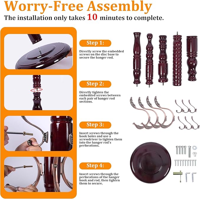 Wooden Coat Rack Freestanding with Metal Hooks, Coat Hanger Stand Coat Tree with Adjustable Height 47’’-72.8’’, Modern Coat Rack for Entrance, Office, Living Room, Bedroom, Corridor