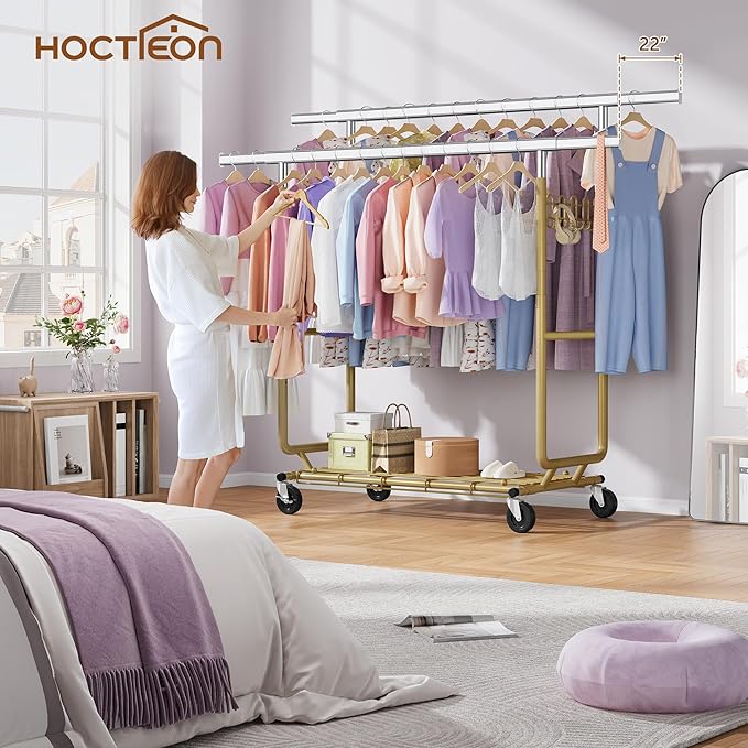 Hoctieon 2-Minute Assembly Double Rod Clothes Rack, Heavy Duty Rolling Clothing Racks with Wheels, Foldable Commercial Garment Rack, Extendable Hanging Bar, Adjustable Metal Pole with Hooks, Gold
