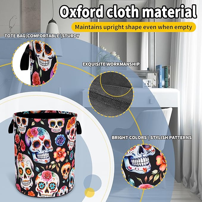 Sugar Skull Laundry Basket Skeleton Foldable Waterproof Oxford Cloth Funny Tote Bag Laundry Hamper Clothes Storage Bucket Toy Organizer For Bathroom/Laundry Storage/Bedroom 18.9x16.5 Inch