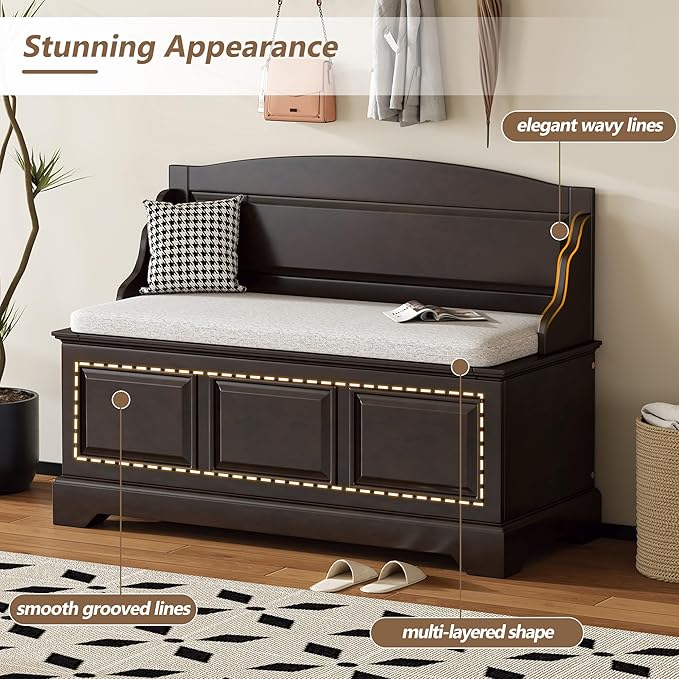Retro Storage Bench Entryway Bench Shoe Cabinet with Safe Soft-Close Devices, Removable Seat Cushion, Backrest & Hidden Storage Space for Hallway Entryway Living Room Mudroom (Espresso(New))