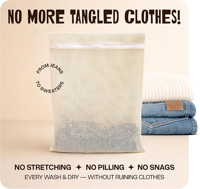WoollyPals Large Cotton Mesh Laundry Bags (16" x 20") – 2-Pack with Drawstring Storage Pouch – Washer & Dryer Safe, Durable Zipper, Breathable Mesh for Clothes, Delicates, Underwear, Shoes & Lingerie
