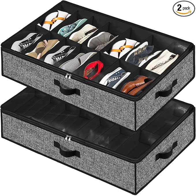 Under Bed Shoe Storage Organizer for Closet 2 Pack- Fits 28 Pairs Underbed Shoes Container Boxes with 2 Sturdy Handles and Clear Window Black
