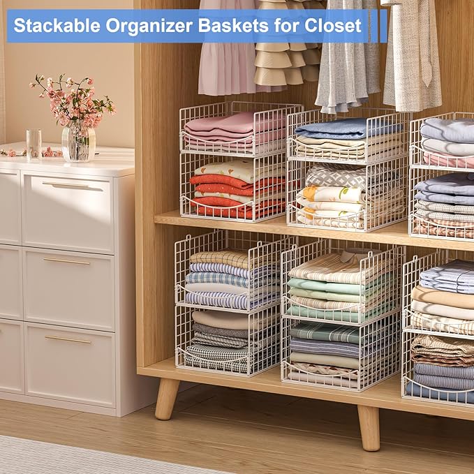 4-Tier Stackable Closet Organizers and Storage Shelves, Foldable & Mutifunctional Clothes Storage Basket Sweater Organizer Bins Container for Wardrobe Kitchen Office Bathroom, White