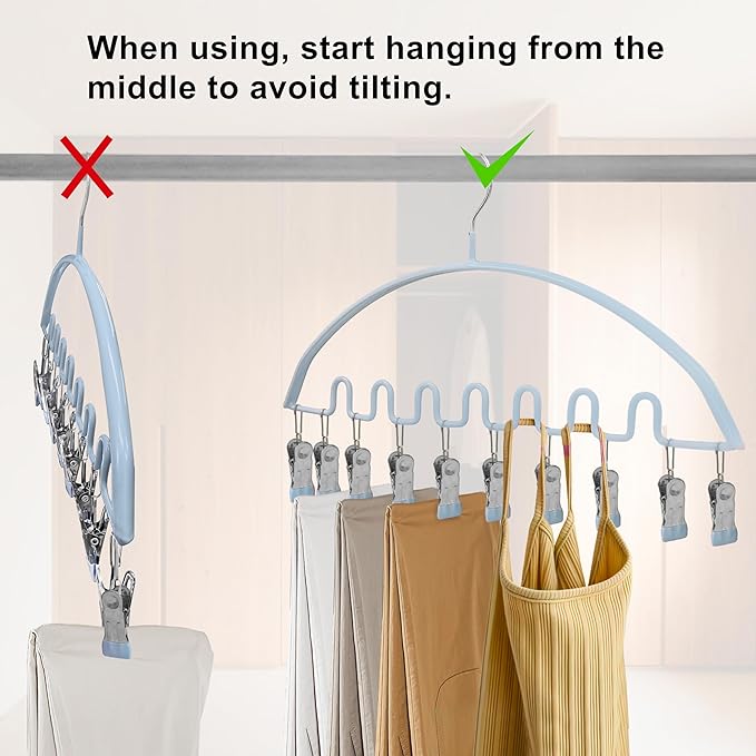 Legging Organizer for Closet,Metal Wave Design Pants Hanger with 10 Clips 7 Hooks, Closet Storage for Pants, Skirts, Hats (Blue, 1Pack)
