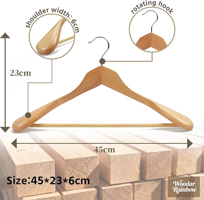 Luxury Wide Shoulder Wooden Suit Hangers with Pants Bar, Solid Wood Jacket Clothes Hangers Smooth Finish for Sweater Dress Pants Sport Coats (Natural, 6 Pack)