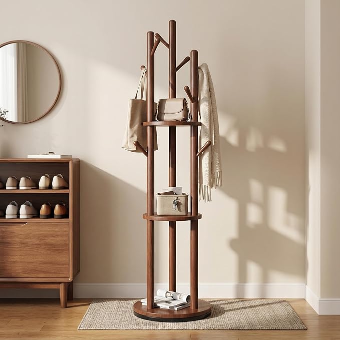 Solid Wood Freestanding Coat Rack, Coat Tree with 3 Shelves & 9 Hooks, 360° Smooth Rotation, Space-Saving Corner Coat Rack, Coat Hanger Stand for Entryway, Bedroom, Living Room(Walnut)