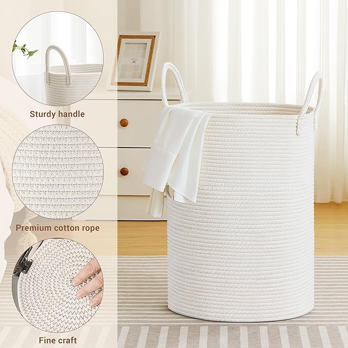 Tall Laundry Basket with Handles, 72L Portable Dirty Clothes Hamper, Boho Cotton Rope Storage Bin for Blankets Kids Toys Gifts, Large Organizer for Baby Nursery Bedroom Bathroom, White
