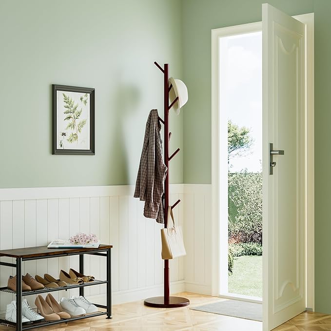 Wooden Freestanding Coat Tree with 4 Height Options and 9 Hooks, Sturdy Coat Rack Stand for Clothes/Bags/Hats, Easy Assemble Save Space Coat Rack for Entryway, Bedroom, Office, Narrow Place (Brown)