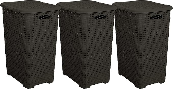 Plastic Laundry Hamper with Lid 3 Pack Laundry Hamper Basket, Brown Tall Cloths Hamper Organizer with Cut-out Handles. Space Saving for Laundry Room Bedroom Bathroom, Wicker Design 60 Liter