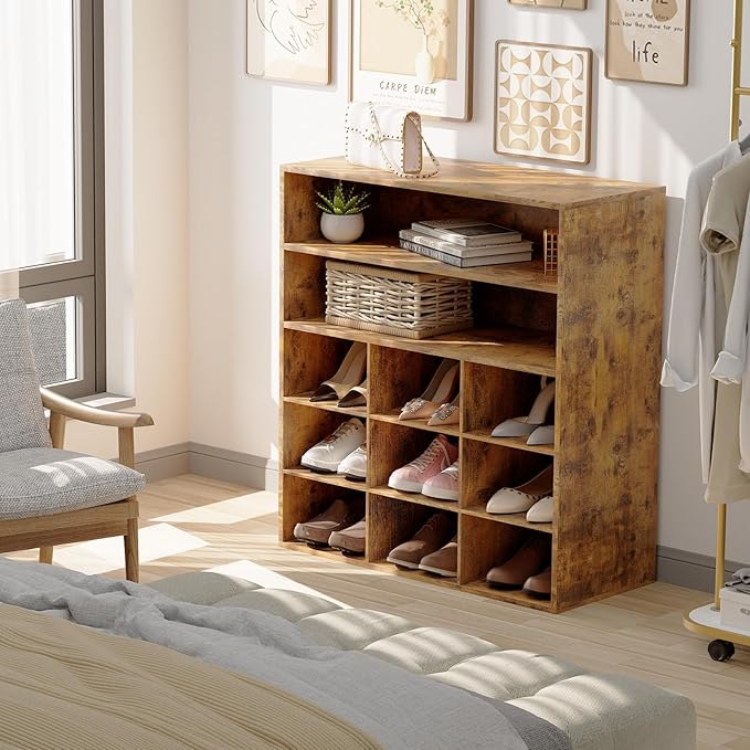9-Cubby Shoe Rack with 2 Storage Shelf, 3-Tier Wood Shoe Organizer, Multifunctional Shoe Organizer Bench for Entryway, Mudroom, Hallway, Closet, Brown