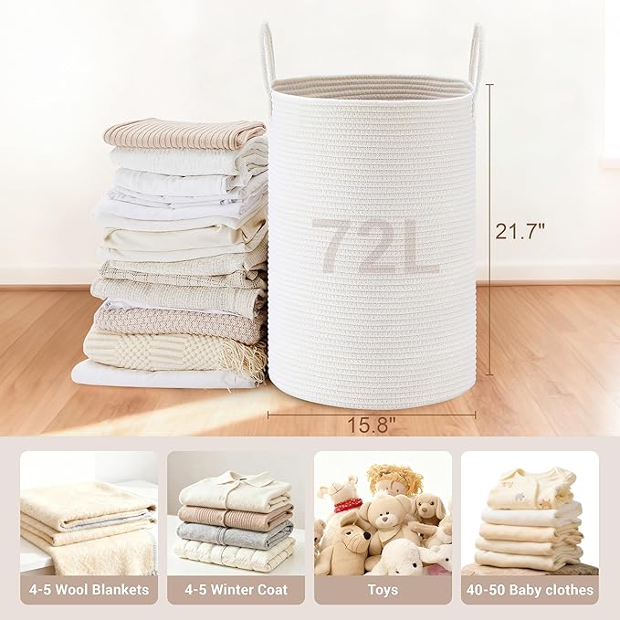 Tall Laundry Basket with Handles, 72L Portable Dirty Clothes Hamper, Boho Cotton Rope Storage Bin for Blankets Kids Toys Gifts, Large Organizer for Baby Nursery Bedroom Bathroom, White