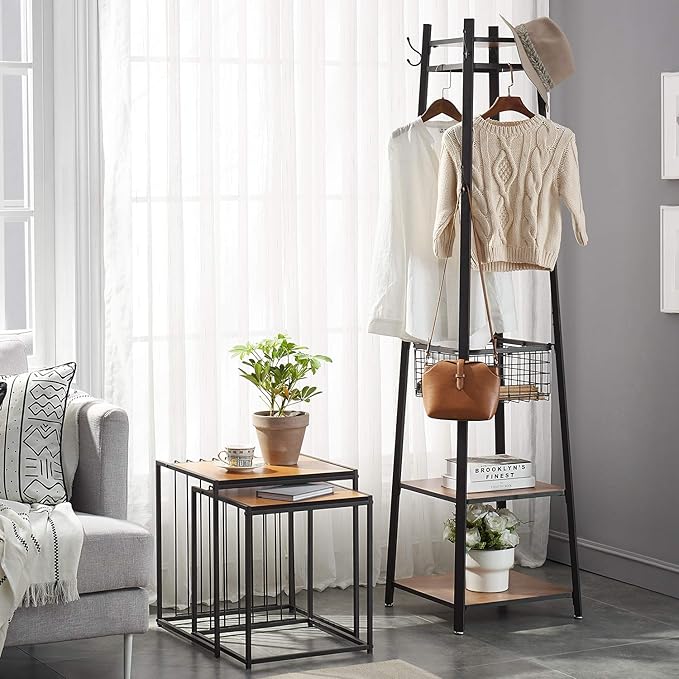 VECELO Industrial Coat Rack,Enterway Clothes Stand With 2 Tier Storage Shelves/Basket,Hall Trees with 8 Dual Hooks, Brown+Black