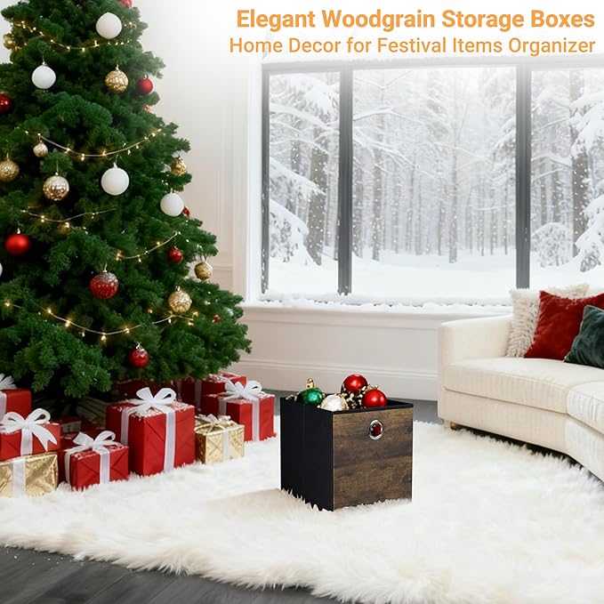 4 Pack Durable Storage Cube Bins with Decorative Wood Grain,Thickened Fabric Box,Storage Basket for Shelves,Closet,Storeroom,Bedroom,Living Room,Nursery,Office,Dorm,RV, 12x12x12in ( (Medium)