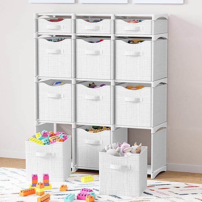 12 Cube Storage Organizer With Bins Included - Closet Storage With 12 Storage Bins - Easy To Assemble Storage Unit With Drawers - Closet Organization For Clothes, Bedroom, Nursery, & Toys (White-Grey)